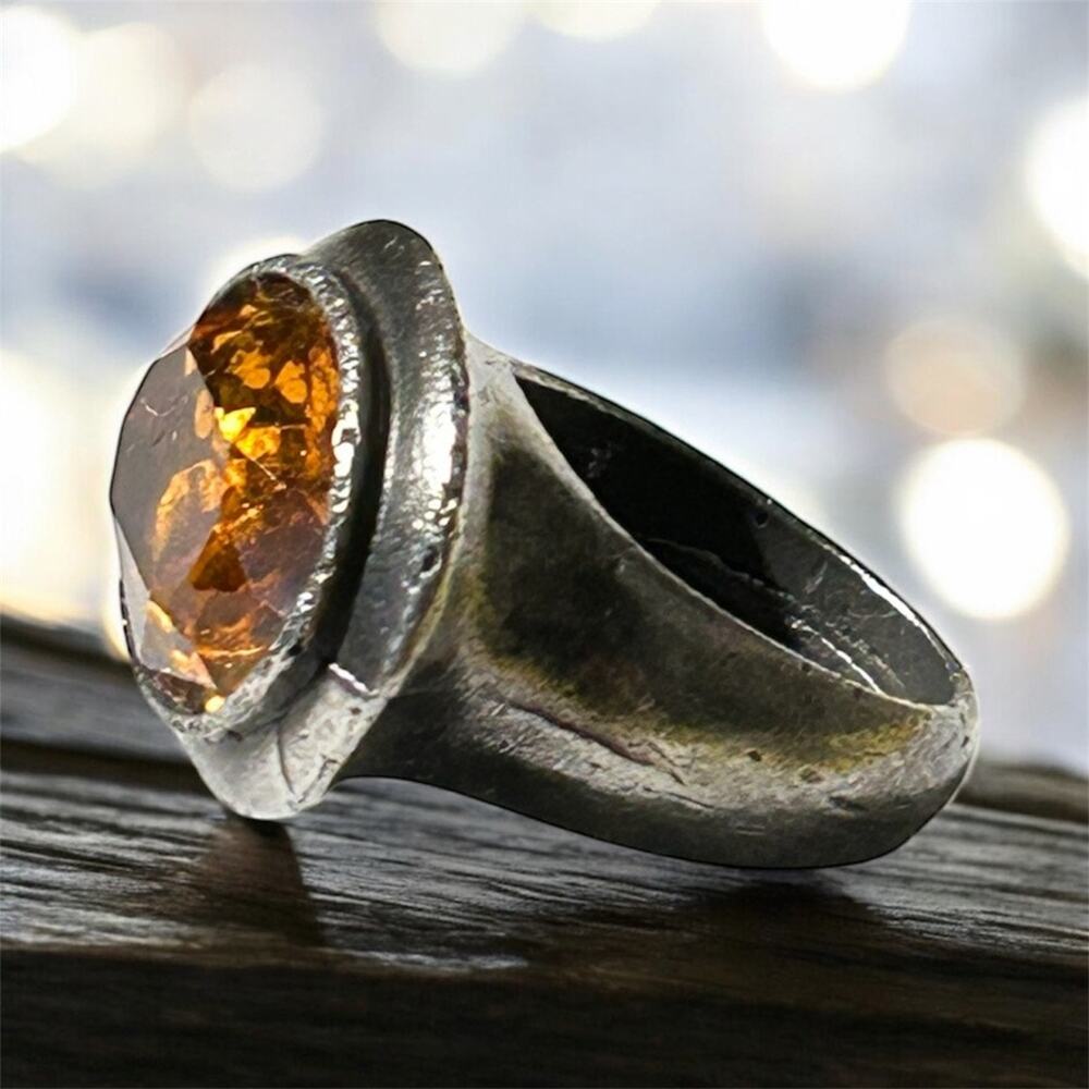 Early 2000s Brutalist Pewter Glass Statement Ring